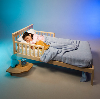 Toddler in a toddler bed with rails.